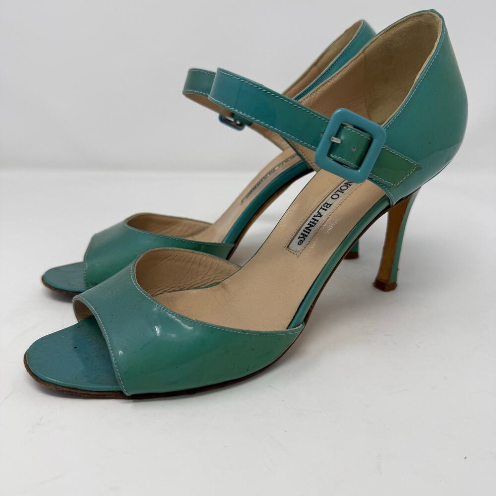 Manolo Blahnik Turquoise Blue Patent Leather Peep Toe Mary Jane Heeled Sandal 38 - Picture 3 of 10